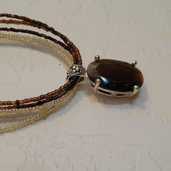 Vintage five string Beaded Necklace w/ Brown Stone - Picture 2 of 6